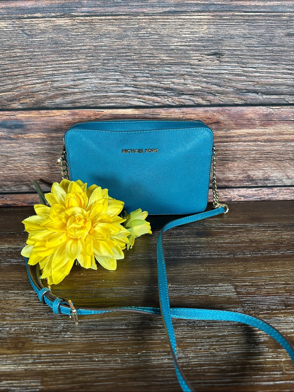 Michael Kors Teal Saffiano Crossbody with Gold Hardware